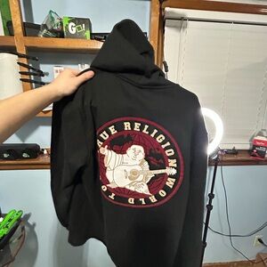 True Religion Black Zip Hoodie with Red & Cream Graphic Accent